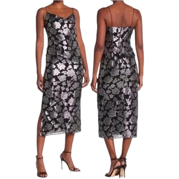 CLUB Monaco Jacquard Silk Metallic Silver Slip MIDI Dress NWT size 6 - Picture 2 of 10